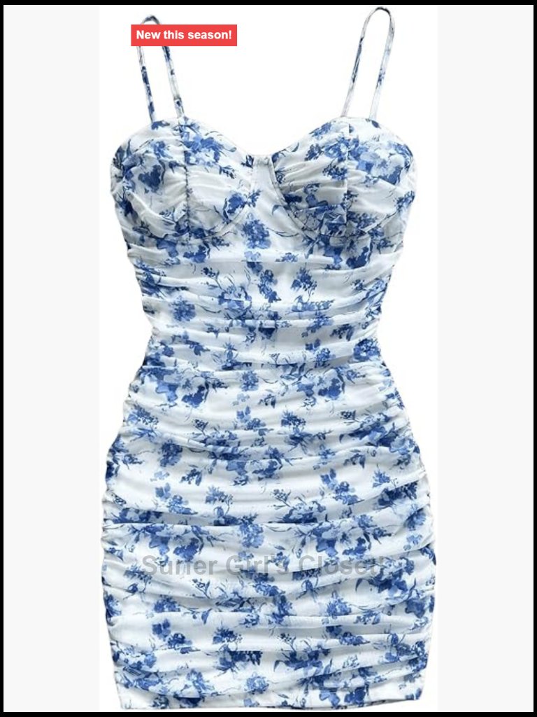 Floral Mesh Bodycon Mini Dress Ruched Spaghetti Strap Sleeveless Pull On